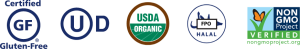 Icons of labeling for food certified gluten free, kosher, non-GMO Project verified, USDA Organic, and Halala