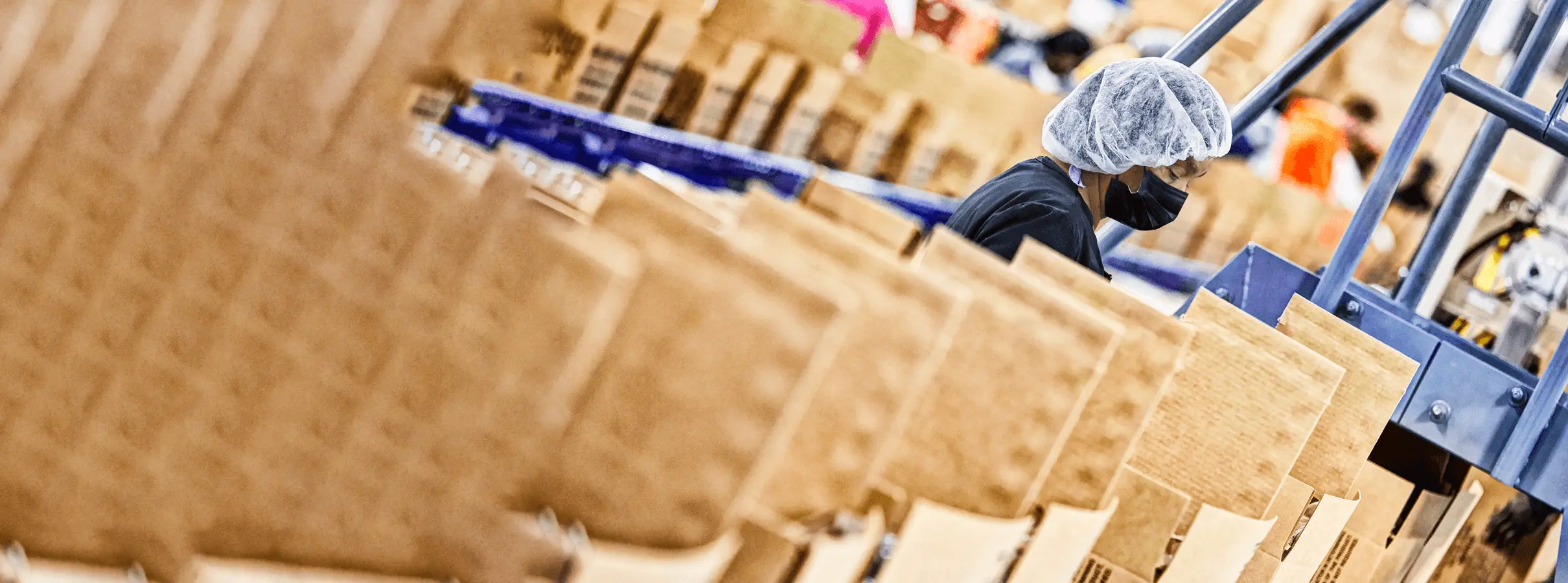 Worker in a manufacturing company looking at boxes go down a manufacturing line